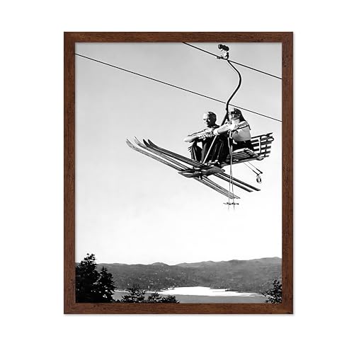 Poster Master Vintage Ski Lift Poster - Ski Print - Winter Art - Sports Illustration - Black and White Design - Nature Print - Landscape Illustration - Office or Living Room Decor - 11x14 Brown Framed