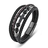 Veshon Men's Leather & Black Onyx Cross Bracelet - Christian Jewelry, Multi-Layer Braided Leather with Stone Beads for Protection, 8.3' & 9.1' Sizes