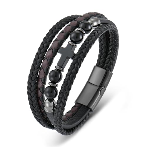 Men's Leather & Stone Cross Bracelet - Christian Religious Jewelry for Men (Lapis/Onyx/Turquoise/Tiger Eye), Braided Design with Alloy Clasp, 8.3