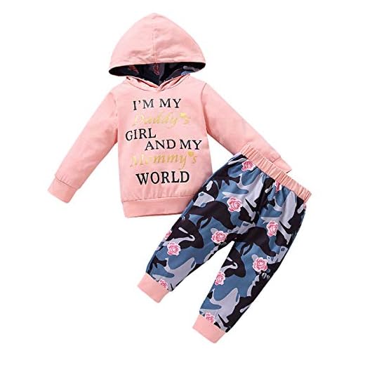 Qiraoxy Baby spädbarn flickkläder kläder kläder engelskt tryck tröja med huva kostym långärmad tröja med huva + blommiga byxor, Rosa, 6-12 månader