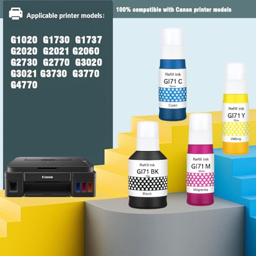 Image of KOSH GI-71 Refill Ink Compatible for Canon G1020,G2020,G2021,G2060,G3020,G3021,G3060 Printers (4, Black Cyan Magenta Yellow)