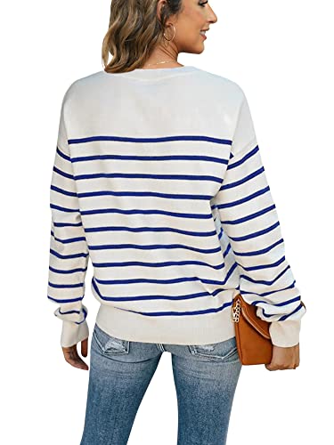 Fazortev Womens Striped Henley Sweaters Soft Lightweight Long Sleeve Crew Neck Loose Fit Knit Pullover Tops Blue thumb #2