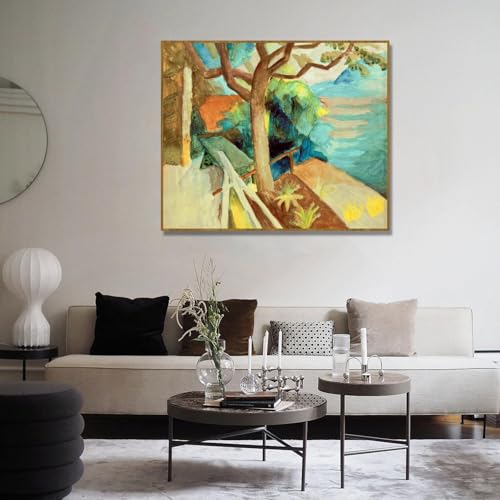 Impression sur toile Lakeside Sunset August Macke de qualité supérieure cadre teck