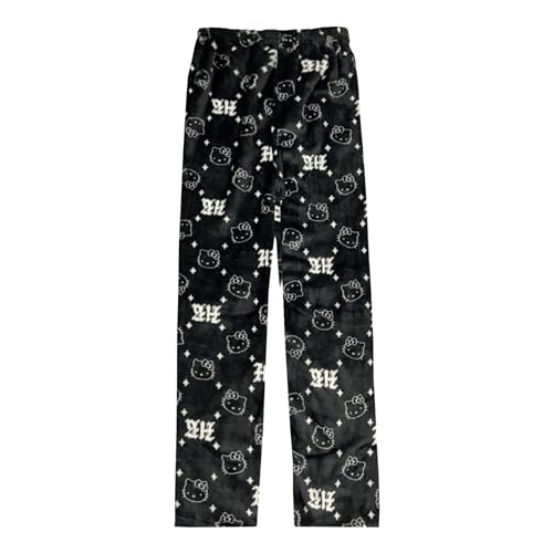Image of BIUGNVW Anime Pajamas Pants Women Cartoon Family Christmas Pajama Pants Kawaii Flannel Pajama Pants Black and Pink