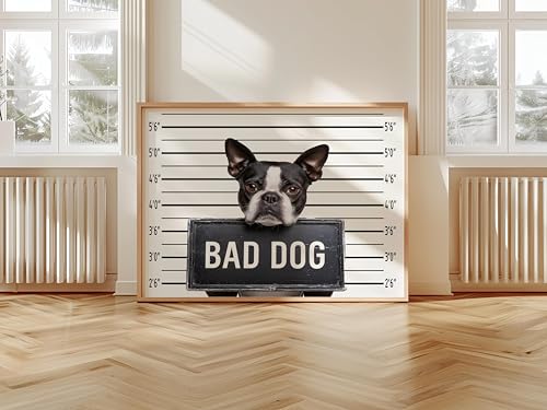Image of aj decor Boston Terrier Mugshot Wall Art Print Poster, Dog Pet Lover Picture Painting Artwork Bedroom Living Room Office Dining Room 150D (Boston Terrier Mugshot, 11 inch W x 14 inch L, Wood Frame)