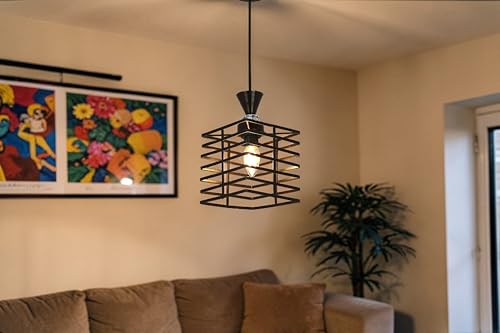Image of Prop It Up Modern Square Cage Pendant Light for Bedroom & Living Room | Industrial Hanging Ceiling Lamp with Metal Frame | Stylish Decorative Lighting for Home, Cafe & Dining Area | E27 Holder