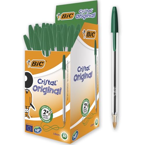 Bic Cristal Original Ballpoint Pens Medium Point (1.0 mm) Green Box of 50 - Smudge-Free Every-Day Writing Pens with Clear Barrel 8373629