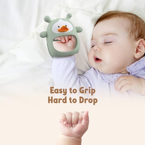 Image of 2 Packs Baby Teething Toys for 3-6 6-12 Months, Food Grade Silicone Teething Mitten, Anti Dropping Wrist Hand Teethers, Never Drop Baby Chew Toys for Sucking Needs, BPA Free (Nude & Green)