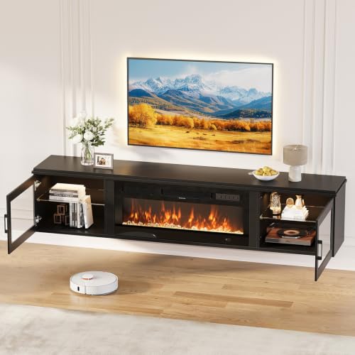 Image of 80 inch Floating TV Stand with Fireplace, High Gloss Finish Wall Mounted Fireplace Entertainment Center with Storage for TVs Up to 90 inch, Black
