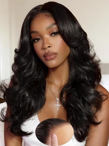Julia Hair Butterfly Cut Body Wave Glueless Drawstring Wig Bye Bye Knots 7x5 HD Lace Front Wig with Face Framing Feathered Layers Frontal Wigs Human Hair Pre Plucked Pre Cut 180% Density 18 Inch