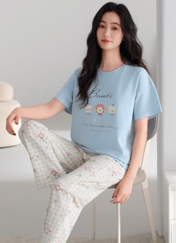 Image of GLASGO Women's Cotton Pajama Set with Top & Pants|| Korean Night Suit|| Lightweight Printed Set || Soft & Comfy Sleepwear for Girls & Women || LNS-3-$