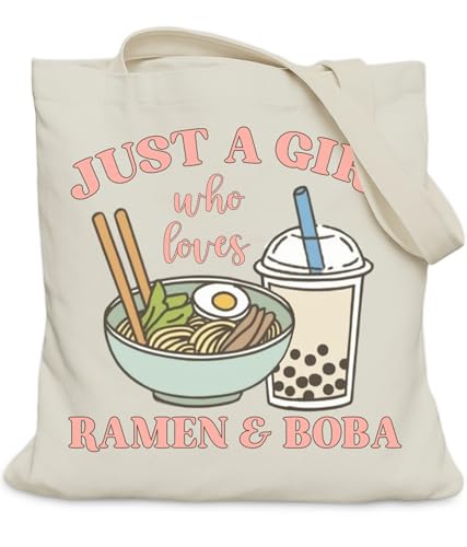 LUERHUI Ramen Boba Gifts Tote Bag for Women Girls Just a Girl Who Loves Ramen and Boba Tote Bag