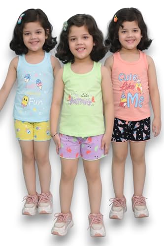 Image of Chandrika Kids Cotton Coordinated Set Pack of 3 half Sleeve And sleeveless T-Shirts & Shorts and skirt Baby Girls Summer Dress Combo