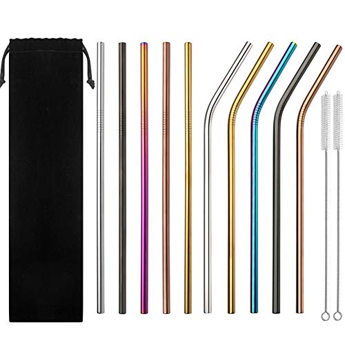 Reusable Stainless Steel Straws,Set of 10 Extra Long 10.5'' Metal Drinking Straw with 2 Brushes and Carry Bag,5 Bent and 5 Straight Straw for Tumblers,Cold Beverage,Starbucks,Mason Jar-Multicolor