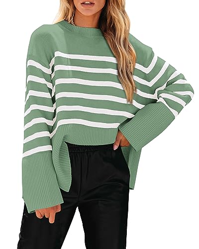 Image of KIRUNDO Women's Striped Knit Oversized Fall Sweaters 2026 Trendy Clothes Crewneck Winter Pullover Sweater Side Split