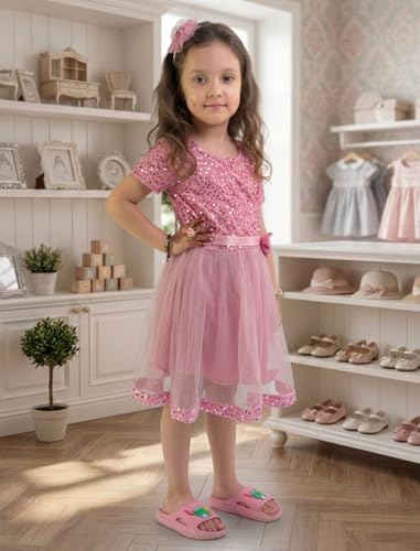 Image of Charming Girls' Kids Velvet & Net Frock with Knee-Length Short Sleeve A-line Round Neck Fit and Flare and Back Zipper Closure|Kids Dress for Baby Girls Birthday Outfit