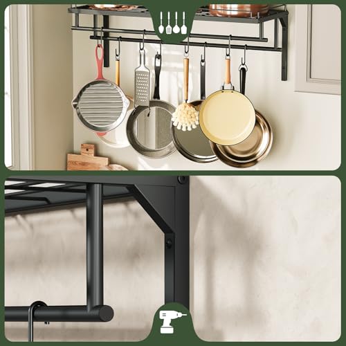 CHOEZON Porte-Casseroles Mural, Étagère Suspendue de Cuisine avec 8 Crochets et 2 Porte-Serviettes, Support de Rangement métallique pour ustensiles et Vaisselle, 82,5 x 30 x 27 cm, Noir DTPR38BB – vue 7