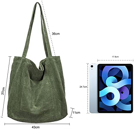 Etercycle Corduroy Tote Bag, Women Corduroy Shoulder Bag Big Capacity Casual Handbags for Women, Beautiful Shopping Tote Bag with Pocket (Army Green)