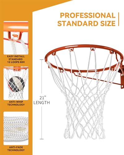 Basketball Net Replacement Outdoor Heavy Duty, Professional On-Court Quality [7.16oz], Unique Basketball Nets Heavy Duty Outdoor Fits for Standard Hoop, All Weather Anti Whip -12 Loops, White - Thumbnail 6
