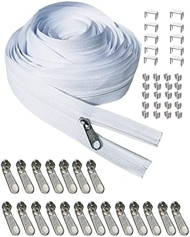 JOSDIOX #3 White Zipper by The Yard 10 Yard Long in Continuous Nylon Coil with 20pcs Zipper Sliders Zipper Pull and 30pcs Zippers Stops for Upholstery Sewing
