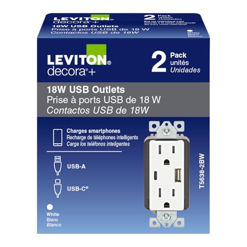 Leviton Tamper-Resistant Outlet, 2-Pack USB Type A/Type-C Wall Outlet Charger, 15 Amp, T5638-B2W, White by Leviton - Image 2