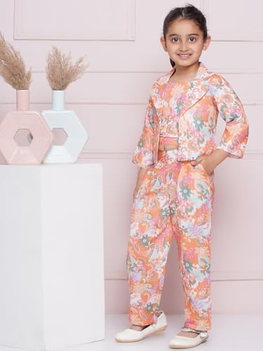 Image of AJ DEZINES Kids Casual Wear Printed Cotton Top Pant and Jacket Clothing Set for Girls