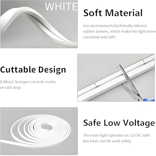 Image of KAVORA 16.4 Feet LED Neon Strip Lights, with 12V Adapter, Waterproof IP65, Silicone Flexible Rope Light for Home Decor | Led Strip Lights | Neon Lights | DIY | (White)