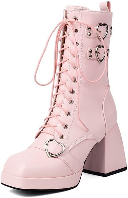 Elbslutt Goth Platform Boots for Women Lace up Chunky High Heels Combat Ankle Boots Square Toe GOGO Boots Gothic Ankle Booties Block Heel Buckle Punk Shoes, Light Pink, 8
