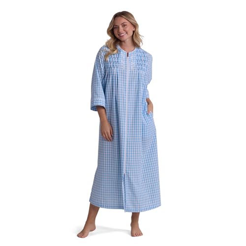 Image of Miss Elaine Long Seersucker Women's Robe, Pockets and Zipper with Front Embroidered Trim, Sleepwear & Loungewear