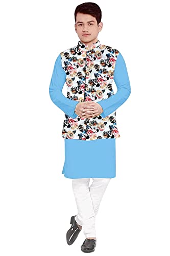 Image of Os Men's & boy kurta pyjama set with nerhu jackets (Multi printed) in cotton (baap beta|father son|)