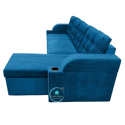 Image of Comfort Designs Nora Standard 5 to 6 Person Corner Sofa Cum Bed with Geometrical Right Hand Side Wood Sal Wood Frame Polyester Fabric (Blue)