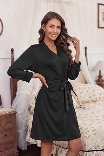 Image of Ekouaer Women's Robes Lightweight 3 /4 Sleeve Short Knit Bathrobe Soft Knee Length Sleepwear Robes with Pockets S-XXL