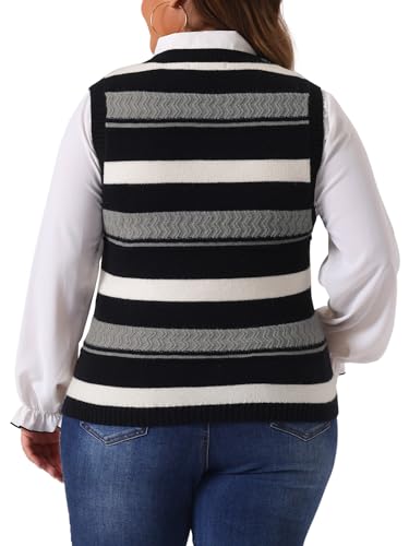 Image of Agnes Orinda Plus Size Sweaters for Women Sleeveless V Neck Striped Knit Casual Pullover Sweater Vests