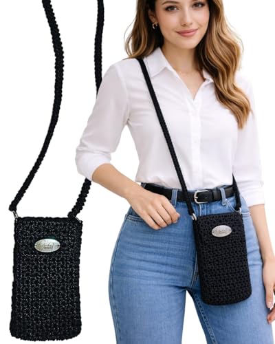 Bolsa de Crochê para Celular Transversal em Fio Náutico 3mm, Artesanal, Tiracolo, Porta Celular e Documentos, Cor Preta