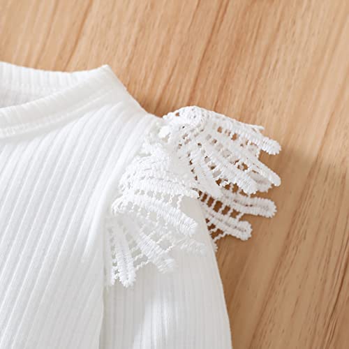 Viworld Baby Girls Fall Clothes Ruffle Long Sleeve Ribbed Romper + Floral Corduroy Suspender Skirt + Headband 3Pcs Outfits(White3,12-18M) #TOP2