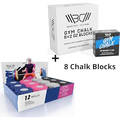 WARM BODY COLD MIND 12 Rolls of Thumb Tape + 8 Chalk Blocks Bundle for Olympic Weightlifting, Powerlifting, Bodybuilding, Functional Strength Training, for Cross Training Cover