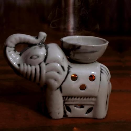 Image of Pure Source India Ceramic Elephant Shape Aroma Oil Burner - Decorative Tealight Diffuser for Home Fragrance, Essential Oils & Aromatherapy (White)