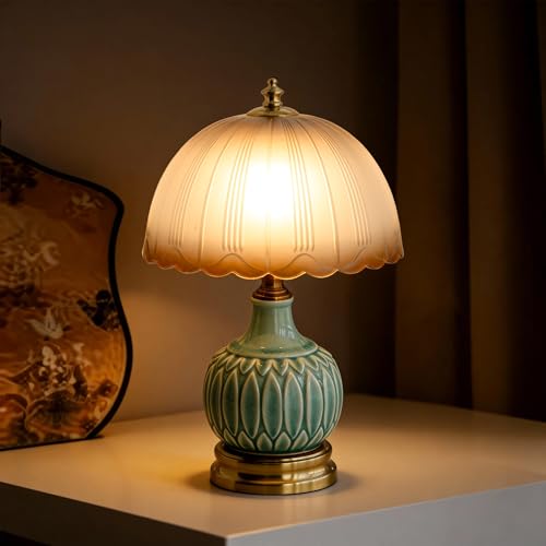 URLIGHTS Vintage Green Ceramic Small Table Lamp with Amber Glass Shade