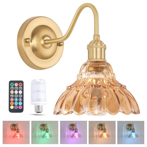 Image of Shenmoyl Battery Operated Wall Sconce, Vintage Rechargeable Wall Lights with Amber Lily Glass Shade, Wireless Indoor Wall Lamp with Remote for Bedroom Living Room Bathroom Hallway