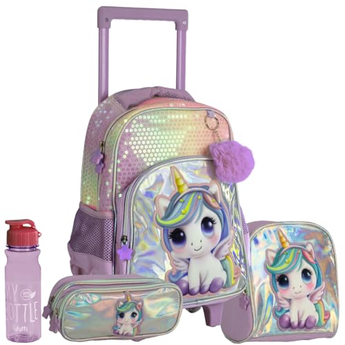 Kit Mochila Escolar com Rodinhas de Unicórnio Holográfica Lilás, Lancheira Térmica, Estojo Duplo e Garrafinha