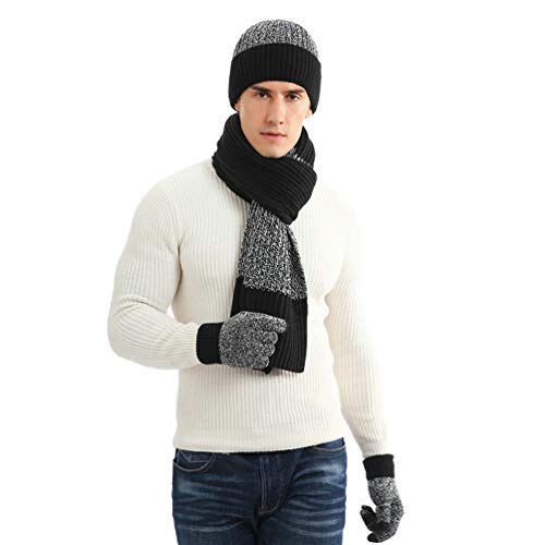 Maleroads Men's Beanie Knit Fleece Scarf Lining Thick Hat and Gloves Set (Black Grey)