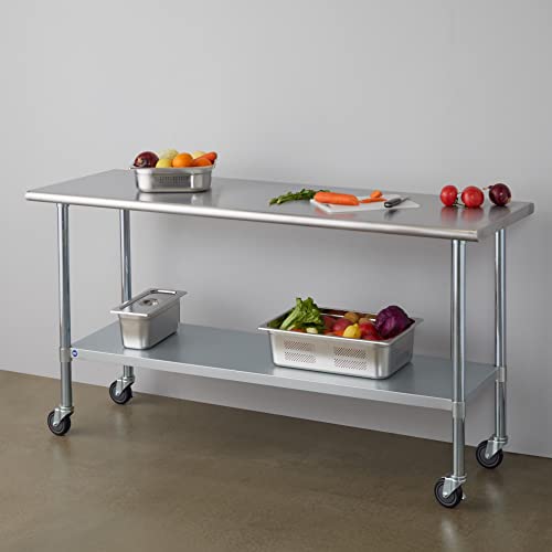 Image of ROCKPOINT Stainless Steel Table for Prep & Work with Caster Wheels 24x72 Inches, NSF Metal Commercial Kitchen Heavy Duty Table with Adjustable Under Shelf and Table Foot for Restaurant, Home and Hotel
