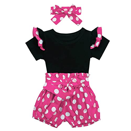 Ibtom Castle Half Birthday Outfit Baby Girl, Newborn Mouse Outfit Set Cute Ruffle Sleeve Romper Top & Polka Dot Shorts Bloomers & Headband 3Pcs Summer Boutique Clothes Hot Pink - Shorts 12-18 Months #TOP1