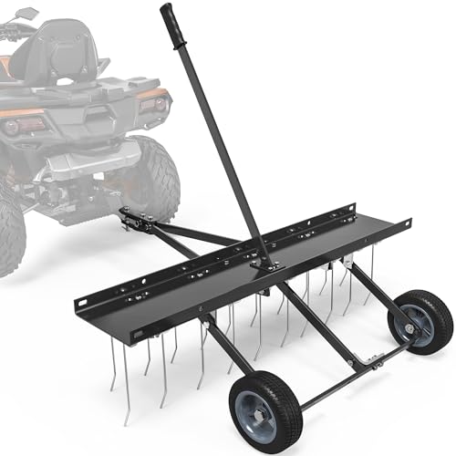 YINTATECH 40 in Tow Behind Dethatcher, 20 Spring Steel Tines Lawn dethatcher Rake for ATV UTV Lawn Mower, Features Flexible Lift Handle, Black by YINTATECH - Used condition - US$69.11