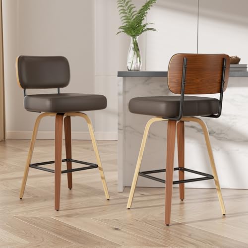 choairy Swivel Bar Stools Set of 2, 26" Upholstered Faux Leather Counter Height Barstools with Walnut Back & Bentwood Legs, Mid Century Modern Bar Chairs Island Stools for Kitchen Counter, Coffee
