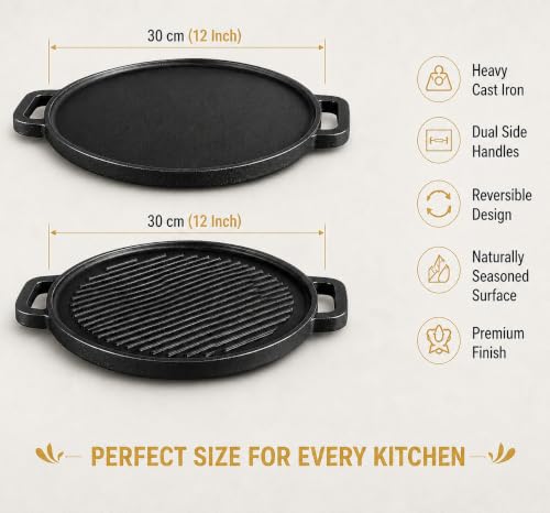 Image of GRIVAN Cast Iron 2-in-1 Dosa Tawa & Grill Pan 12 inch (30 cm) | Double-Sided Reversible Tawa for Dosa, Roti | Naturally Non-Stick Cast Iron Cookware | Gas Stove & Induction Compatible (Black)