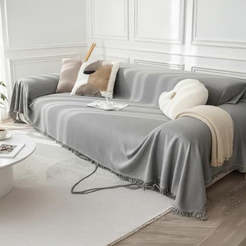 Image of The Furnishing Tree 3 Seater Reversible Chenille Sofa Cover, Double-Sided Luxury Throw, Anti-Slip Couch Cover, Soft & Comfortable Sofa Towel for All Seasons, Ivory Grey Stripe