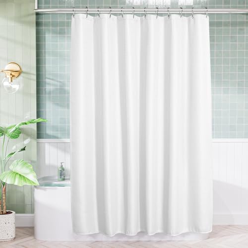 Image of AmazerBath White Shower Curtain 76 Inches Long, Waffle Shower Curtains for Bathroom, Cloth Shower Curtain Fabric Heavy Duty 240GSM, Thick Bathroom Shower Curtains Premium Polyester, 72x76 Inches