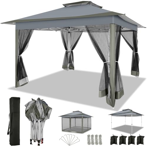 COBIZI 12×12 Pop up Gazebo on Clearance Outdoor pop up Canopy Tent with Mosquito Netting & Sandbags, with 4 Ropes 8 Stakes & Portable Carry Bag, Patio Gazebo for Garden &Lawn, Darkgrey(2025 Upgrade)