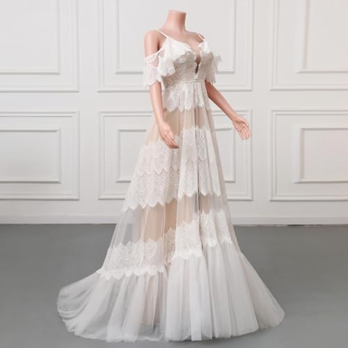 Image of Spaghetti Chiffon Beach Wedding Dress V Neck A line Bridal Gowns Lace Plus Size Wedding Dress